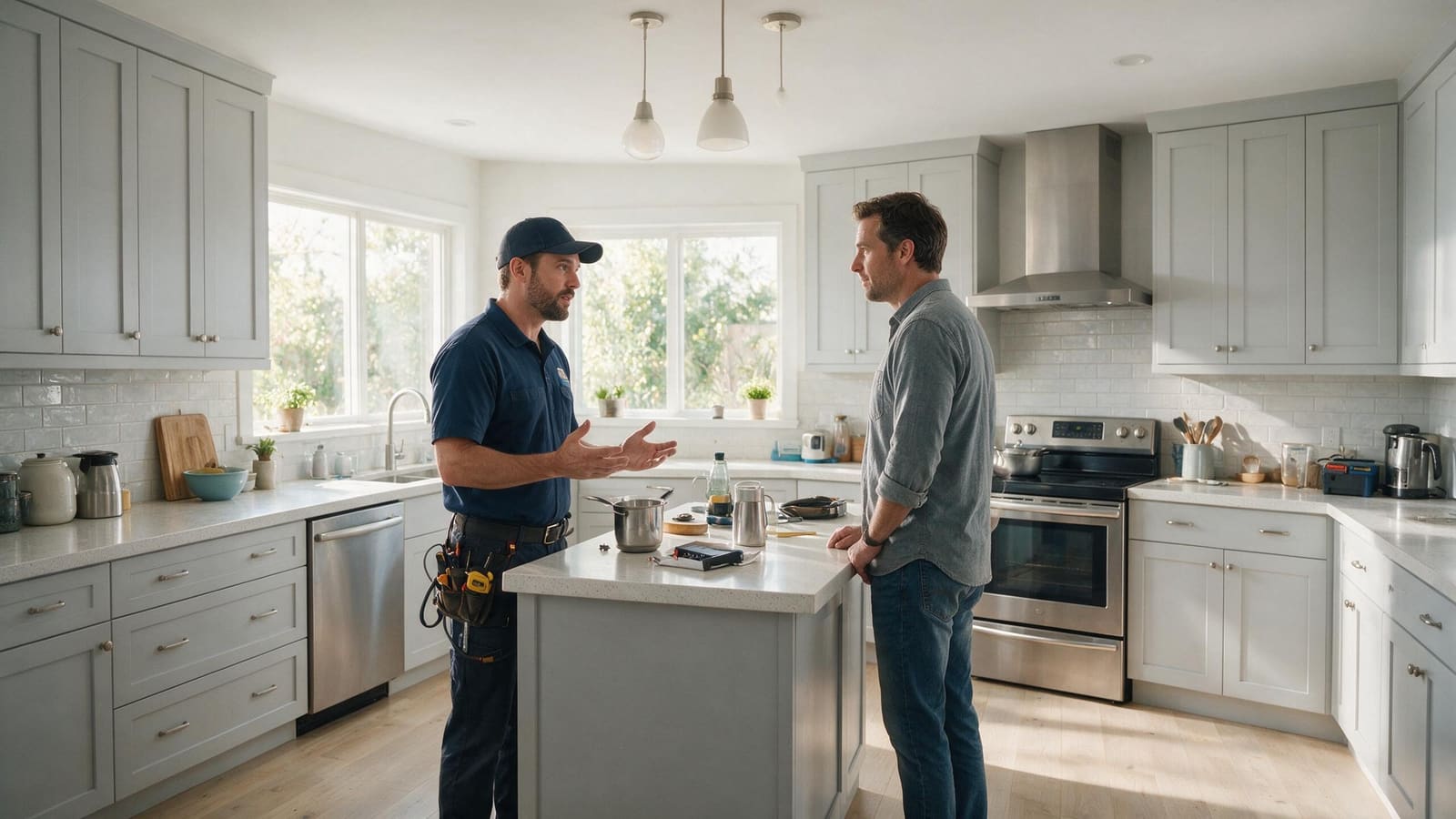 Appliance repair technician consulting with a homeowner