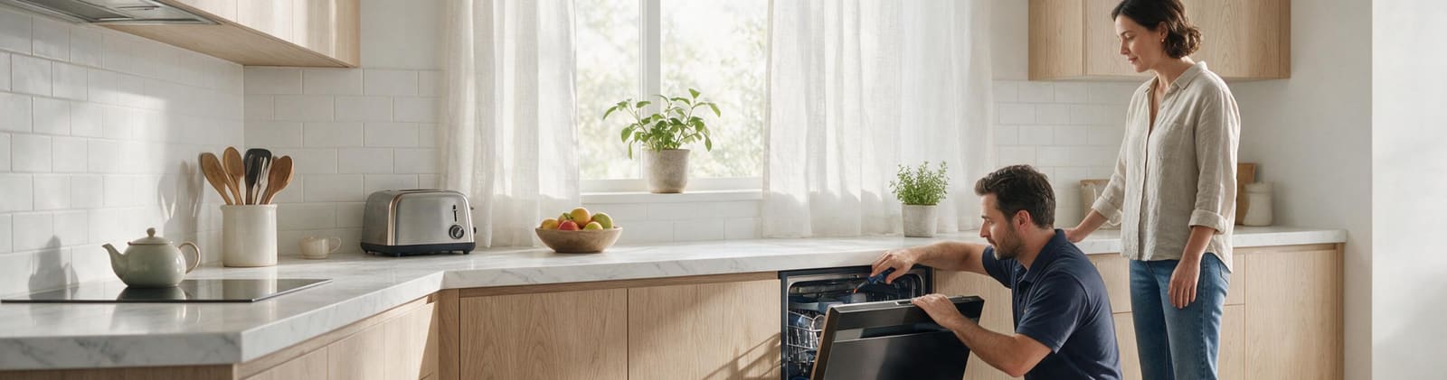 Technician servicing a dishwasher while a homeowner looks on
