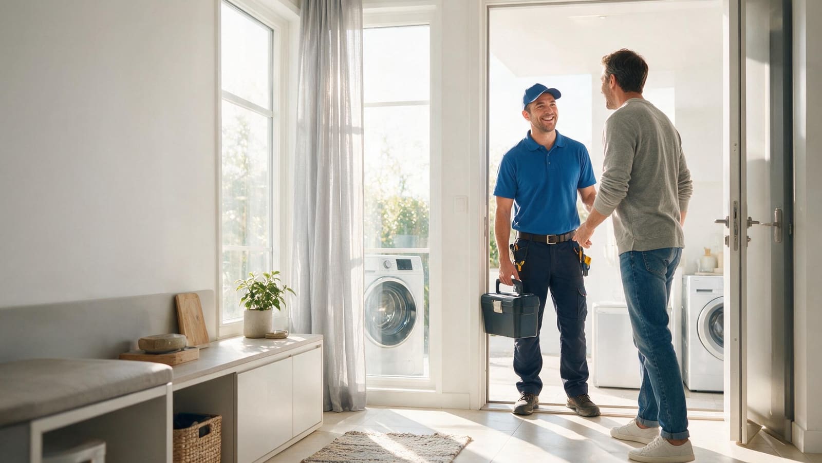 Appliance technician greeting a homeowner at the door