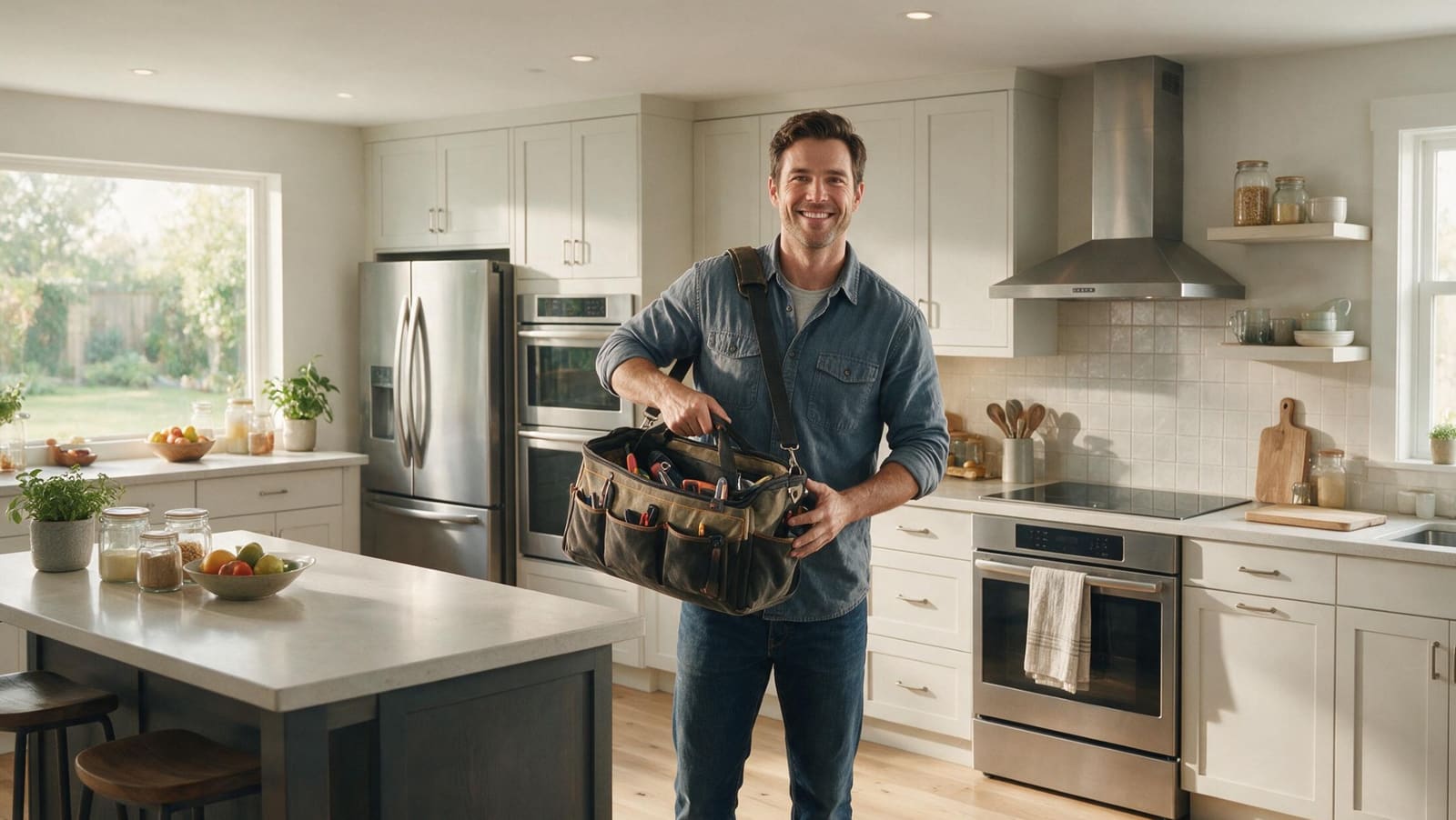 Appliance repair technician carrying tools in a modern kitchen