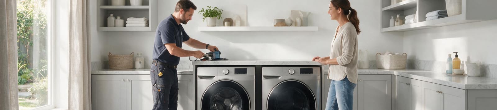 Technician diagnosing a washer and dryer with a homeowner
