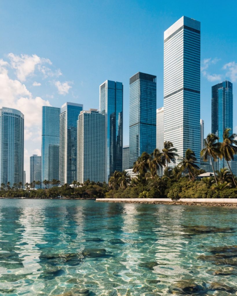 Miami waterfront skyline with palms